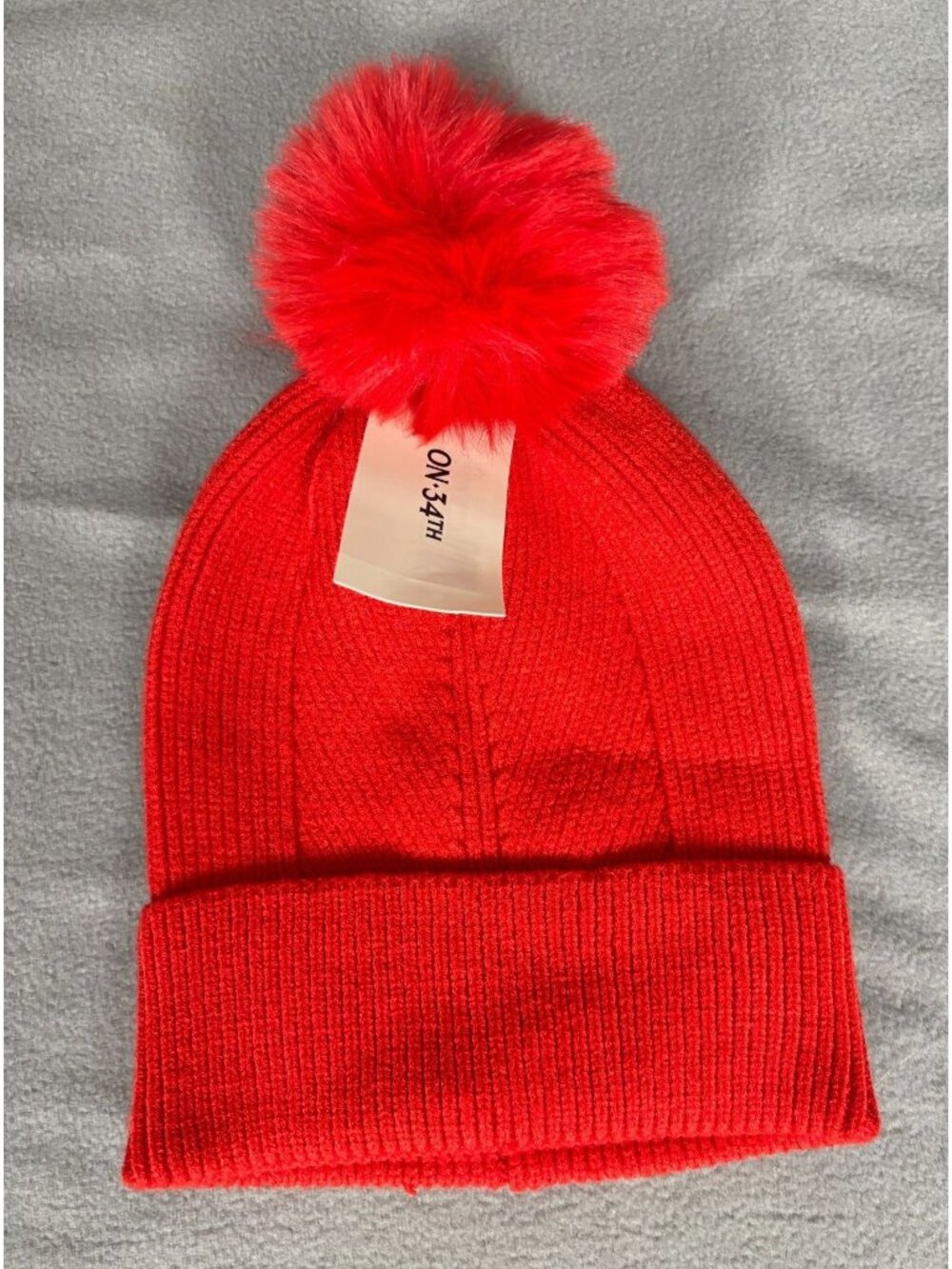 On 34th Women's Multi-Stitch Faux-Fur Pom Pom Beanie-Red One Size NWT's.